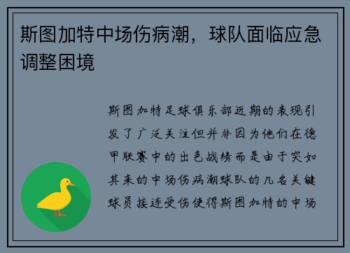 斯图加特中场伤病潮，球队面临应急调整困境