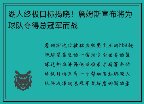 湖人终极目标揭晓！詹姆斯宣布将为球队夺得总冠军而战